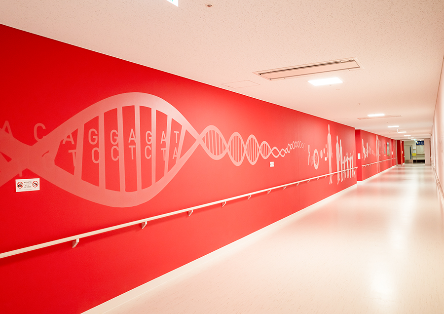 東日本重粒子センター。DNAの二重螺旋構造が描かれた壁面。
