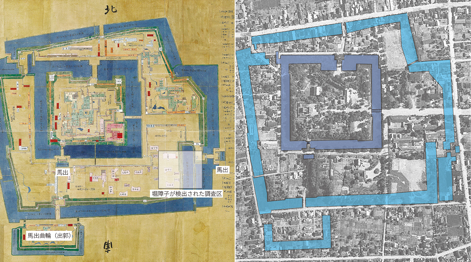 北野博司 #09 左：米沢城の馬出と障子堀が検出された場所（○○○年○○絵図『米沢城－上杉氏の城ー』米沢市上杉博物館）／右：戦後の航空写真（昭和23年撮影、国土地理院）にみる米沢城跡