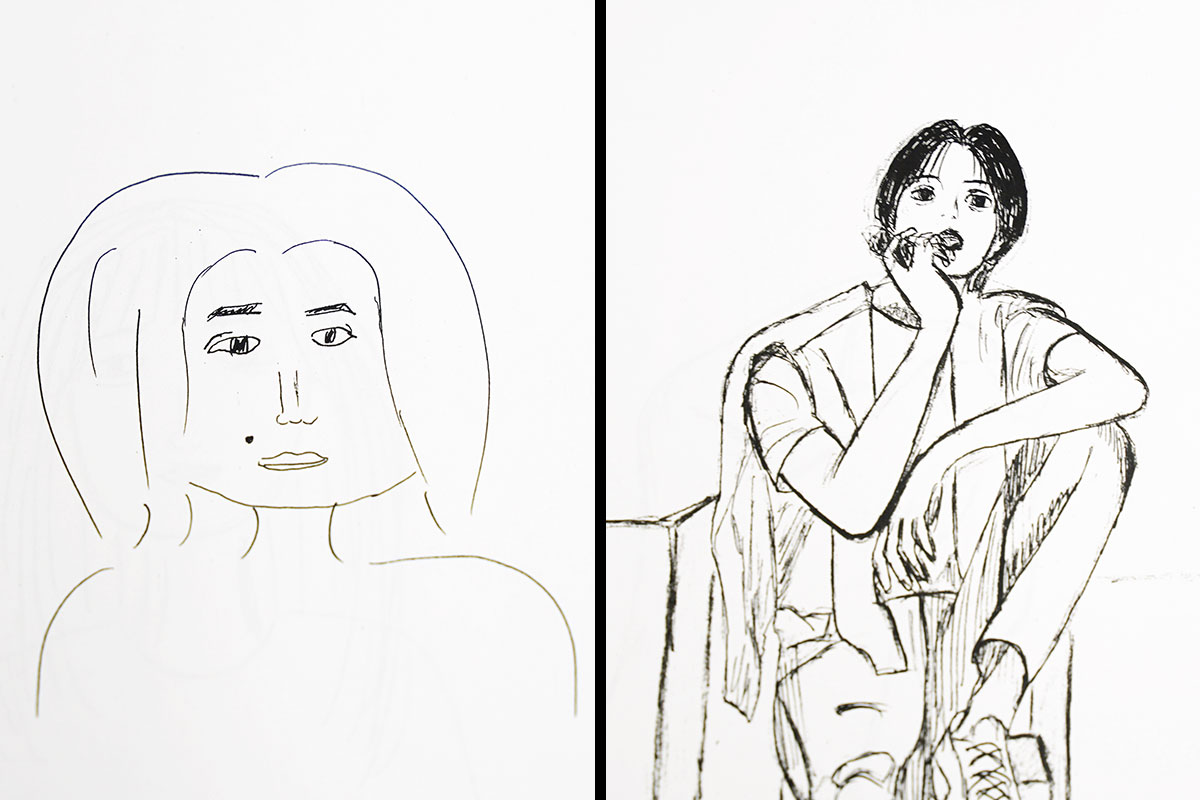 全身を描くことで上達がみられた学生の作品（左は本格的に学ぶ前、右が全身を描き始めた後）