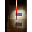 中村作品「undercurrent／そこを流れるもの 3-2」木版、和紙、93×189×7cm、2006を仕切る赤いフェルト。